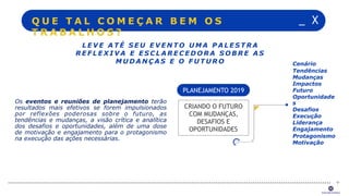 Os eventos e reuniões de planejamento terão
resultados mais efetivos se forem impulsionados
por reflexões poderosas sobre o futuro, as
tendências e mudanças, a visão crítica e analítica
dos desafios e oportunidades, além de uma dose
de motivação e engajamento para o protagonismo
na execução das ações necessárias.
_ XQ U E T A L C O M E Ç A R B E M O S
T R A B A L H O S ?
L E V E A T É S E U E V E N T O U M A P A L E S T R A
R E F L E X I V A E E S C L A R E C E D O R A S O B R E A S
M U D A N Ç A S E O F U T U R O
+
CRIANDO O FUTURO
COM MUDANÇAS,
DESAFIOS E
OPORTUNIDADES
PLANEJAMENTO 2019
Cenário
Tendências
Mudanças
Impactos
Futuro
Oportunidade
s
Desafios
Execução
Liderança
Engajamento
Protagonismo
Motivação
 