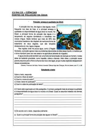 13/04/23 – CIÊNCIAS
FONTES DE POLUIÇÃO DA ÁGUA
 