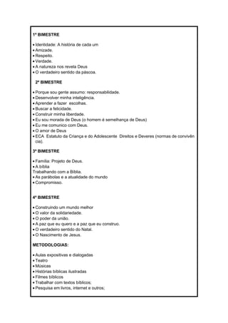 1º BIMESTRE 
· Identidade: A história de cada um 
· Amizade. 
· Respeito. 
· Verdade. 
· A natureza nos revela Deus 
·O verdadeiro sentido da páscoa. 
2º BIMESTRE 
· Porque sou gente assumo: responsabilidade. 
· Desenvolver minha inteligência. 
· Aprender a fazer escolhas. 
· Buscar a felicidade. 
· Construir minha liberdade. 
· Eu sou morada de Deus (o homem é semelhança de Deus) 
· Eu me comunico com Deus. 
·O amor de Deus 
· ECA Estatuto da Criança e do Adolescente Direitos e Deveres (normas de convivên 
cia). 
3º BIMESTRE 
· Família: Projeto de Deus. 
· A bíblia 
Trabalhando com a Bíblia. 
· As parábolas e a atualidade do mundo 
· Compromisso. 
4º BIMESTRE 
· Construindo um mundo melhor 
·O valor da solidariedade. 
·O poder da união. 
· A paz que eu quero e a paz que eu construo. 
·O verdadeiro sentido do Natal. 
·O Nascimento de Jesus. 
METODOLOGIAS: 
· Aulas expositivas e dialogadas 
· Teatro 
·Músicas 
· Histórias bíblicas ilustradas 
· Filmes bíblicos 
· Trabalhar com textos bíblicos; 
· Pesquisa em livros, internet e outros; 
 