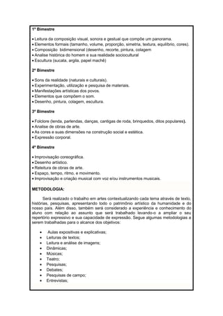 1º Bimestre 
· Leitura da composição visual, sonora e gestual que compõe um panorama. 
· Elementos formais (tamanho, volume, proporção, simetria, textura, equilíbrio, cores). 
· Composição bidimensional (desenho, recorte, pintura, colagem 
· Analise histórica do homem e sua realidade sociocultural 
· Escultura (sucata, argila, papel machê) 
2º Bimestre 
· Sons da realidade (naturais e culturais). 
· Experimentação, utilização e pesquisa de materiais. 
·Manifestações artísticas dos povos. 
· Elementos que compõem o som. 
· Desenho, pintura, colagem, escultura. 
3º Bimestre 
· Folclore (lenda, parlendas, danças, cantigas de roda, brinquedos, ditos populares). 
· Analise de obras de arte. 
· As cores e suas dimensões na construção social e estética. 
· Expressão corporal. 
4º Bimestre 
· Improvisação coreográfica. 
· Desenho artístico. 
· Releitura de obras de arte. 
· Espaço, tempo, ritmo, e movimento. 
· Improvisação e criação musical com voz e/ou instrumentos musicais. 
METODOLOGIA: 
Será realizado o trabalho em artes contextualizando cada tema através de texto, 
histórias, pesquisas, apresentando todo o patrimônio artístico da humanidade e do 
nosso país. Além disso, também será considerado a experiência e conhecimento do 
aluno com relação ao assunto que será trabalhado levando-o a ampliar o seu 
repertório expressivo e sua capacidade de expressão. Segue algumas metodologias a 
serem trabalhadas para o alcance dos objetivos: 
· Aulas expositivas e explicativas; 
· Leituras de textos; 
· Leitura e análise de imagens; 
· Dinâmicas; 
· Músicas; 
· Teatro; 
· Pesquisas; 
· Debates; 
· Pesquisas de campo; 
· Entrevistas; 
 