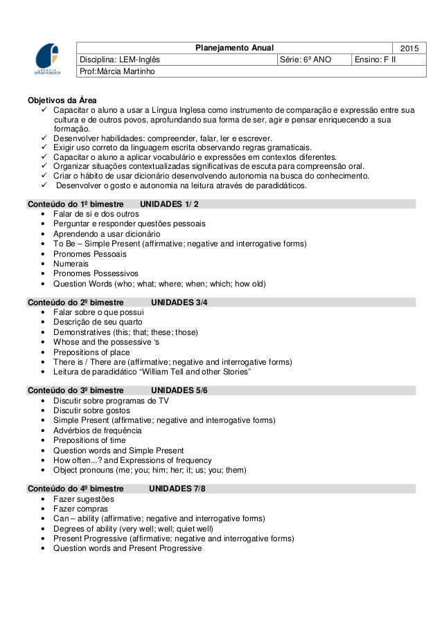 Plano De Aula De Inglês 1 Ao 5 Ano Plano De Aula De Inglês 1 Ao 5 Ano