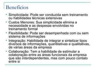 Benefícios
 Simplicidade: Pode ser conduzida sem treinamento
ou habilidades técnicas extensivas
 Custos Menores: Sua simplicidade elimina a
necessidade e as despesas envolvidas no
treinamento formal
 Flexibilidade: Pode ser desempenhada com ou sem
sistema de informações
 Integração: Habilidade de integrar e sintetizar tipos
diversos de informações, quantitativas e qualitativas,
de várias áreas da empresa
 Colaboração: Tem a habilidade de estimular a
colaboração entre as áreas funcionais da empresa
que são interdependentes, mas com pouco contato
entre si
 