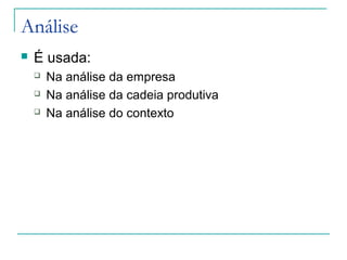 Análise
 É usada:
 Na análise da empresa
 Na análise da cadeia produtiva
 Na análise do contexto
 
