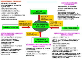 CONCORRENTES
NO SETOR
NOVOS
PARTICIPANTES
FORNECEDORES COMPRADORES
PRODUTOS
SUBSTITUTOS
RISCO DE
NOVOS
PARTICIPANTES
PODER DE
BARGANHA DOS
FORNECEDORES
PODER DE
BARGANHA DOS
COMPRADORES
RISCO DE
SUBSTITUTOS
BARREIRAS DE ENTRADAS
•ECONOMIA DE ESCALA
•DIFERENÇA ENTRE PRODUTOS
PATENTIADOS
•IDENTIDADE DE MARÇA
•POLITICA GOVERNAMENTAL
•ACESSO A DISTRIBUIÇÃO
•VANTAGENS DE CUSTOS ABSOLUTOS
•CUSTOS DE MUDANÇA
•RETALIAÇÃO ESPERADA
DETERMINANTES DO PODER
DO FORNECEDOR
•DIFERENCIAÇÃO DE ENTRADAS
•CUSTO DE MUDANÇA DE
FORNECEDORES E EMPRESA
•CONCENTRAÇÃO DE FORNECEDORES
•A IMPORTÂNCIA DO VOLUME DE
FORNECEDORES
•IMPACTO DE ENTRADAS SOBRE
CUSTOS OU DIFERENCIAÇÃO
•PRESENÇA DE ENTRADAS
SUBSTITUTAS
DETERMINANTES DE RISCOS DE
SUBSTITUIÇÃO
•DESEMPENHO RELATIVO DE PREÇOS
SUBSTITUTOS
•CUSTO DE MUDANÇA
•TENDÊNCIA DO COMPRADOR EM
SUBSTITUIR
DETERMINANTES DO PODER DOS
COMPRADORES
•CONCENTRAÇÃO DE COMPRADORES X
CONCENTRAÇÃO DE EMPRESAS
•VOLUME DO COMPRADOR
•CUSTO DE MUDANÇA DO COMPRADOR EM
RELÇÃO AOS CUSTOS DE MUDANÇAS DE
EMPRESAS
•PRODUTOS SUBSTITUTOS
•SER BEM SUCEDIDO
•INFORMAÇÕES DOS COMPRADORES
•SENSIBLIDADE DOS PREÇOS(PREÇO TOTAL DE
COMPRAS;DIFERENÇAS DE PRODUTOS;LUCROS
DO COMPRADOR;INCENTIVOS AOS TOMADORES
DE DECISÃO
DETERMINANTES DE RIVALIDADE
•CRESCIMENTO DA INDÚSTRIA
•CUSTOS FIXOS DOS VALORES
AGREGADOS
•EXCESSO DE CAPACIDADE
INTERMITENTE;DIFERENÇAS DE
PRODUTOS; IDENTIDADE DE
MARCA;CUSTOS DE
MODIFICAÇÃO;DIVERSIDADE DO
CONCORRENTE; RISCOS DE
CORPORAÇÃO
CONCORRENTES
NO SETOR
NOVOS
PARTICIPANTES
FORNECEDORES COMPRADORES
PRODUTOS
SUBSTITUTOS
RISCO DE
NOVOS
PARTICIPANTES
PODER DE
BARGANHA DOS
FORNECEDORES
PODER DE
BARGANHA DOS
COMPRADORES
RISCO DE
SUBSTITUTOS
BARREIRAS DE ENTRADAS
•ECONOMIA DE ESCALA
•DIFERENÇA ENTRE PRODUTOS
PATENTIADOS
•IDENTIDADE DE MARCA
•POLITICA GOVERNAMENTAL
•ACESSO A DISTRIBUIÇÃO
•VANTAGENS DE CUSTOS ABSOLUTOS
•CUSTOS DE MUDANÇA
•RETALIAÇÃO ESPERADA
DETERMINANTES DO PODER
DO FORNECEDOR
•DIFERENCIAÇÃO DE ENTRADAS
•CUSTO DE MUDANÇA DE
FORNECEDORES E EMPRESA
•CONCENTRAÇÃO DE
FORNECEDORES
•A IMPORTÂNCIA DO VOLUME DE
FORNECEDORES
•IMPACTO DE ENTRADAS SOBRE
CUSTOS OU DIFERENCIAÇÃO
•PRESENÇA DE ENTRADAS
SUBSTITUTAS
DETERMINANTES DE RISCOS DE
SUBSTITUIÇÃO
•DESEMPENHO RELATIVO DE PREÇOS
SUBSTITUTOS
•CUSTO DE MUDANÇA
•TENDÊNCIA DO COMPRADOR EM
SUBSTITUIR
DETERMINANTES DO PODER DOS
COMPRADORES
•VOLUME DO COMPRADOR
•CUSTO DE MUDANÇA DO COMPRADOR EM
RELÇÃO AOS CUSTOS DE MUDANÇAS DE
EMPRESAS
•PRODUTOS SUBSTITUTOS
•SER BEM SUCEDIDO
•INFORMAÇÕES DOS COMPRADORES
•CONCENTRAÇÃO DE COMPRADORES X
CONCENTRAÇÃO DE EMPRESAS
•SENSIBLIDADE DOS PREÇOS(PREÇO TOTAL
DE COMPRAS; DIFERENÇAS DE PRODUTOS;
LUCROS DO COMPRADOR; INCENTIVOS AOS
TOMADORES DE DECISÃO
DETERMINANTES DE
RIVALIDADE
•CRESCIMENTO DA INDÚSTRIA
•CUSTOS FIXOS DOS VALORES
AGREGADOS
•EXCESSO DE CAPACIDADE
INTERMITENTE; DIFERENÇAS DE
PRODUTOS; IDENTIDADE DE MARCA;
CUSTOS DE MODIFICAÇÃO;
DIVERSIDADE DO CONCORRENTE;
RISCOS DE CORPORAÇÃO
 