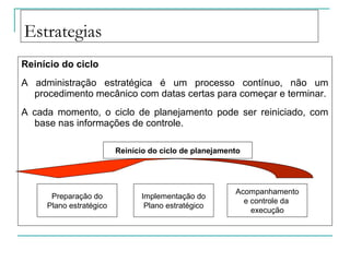 Estrategias
Reinício do ciclo
A administração estratégica é um processo contínuo, não um
procedimento mecânico com datas certas para começar e terminar.
A cada momento, o ciclo de planejamento pode ser reiniciado, com
base nas informações de controle.
Preparação do
Plano estratégico
Implementação do
Plano estratégico
Acompanhamento
e controle da
execução
Reinício do ciclo de planejamento
 