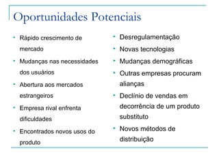 Oportunidades Potenciais
 Rápido crescimento de
mercado
 Mudanças nas necessidades
dos usuários
 Abertura aos mercados
estrangeiros
 Empresa rival enfrenta
dificuldades
 Encontrados novos usos do
produto
 Desregulamentação
 Novas tecnologias
 Mudanças demográficas
 Outras empresas procuram
alianças
 Declínio de vendas em
decorrência de um produto
substituto
 Novos métodos de
distribuição
 
