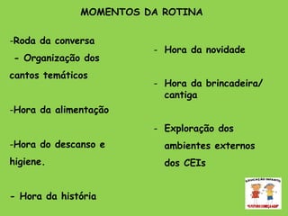MOMENTOS DA ROTINA Roda da conversa - Organização dos cantos temáticos Hora da alimentação Hora do descanso e higiene. - Hora da história Hora da novidade Hora da brincadeira/  cantiga Exploração dos ambientes externos dos CEIs 
