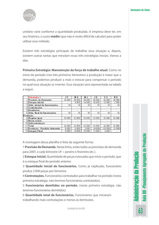 Administração da Produção 
Aula 08 -Planejamento Agregado da Produção 
63 Faculdade On-Line UVB 
Anotações do Aluno 
uvb 
unitário varie conforme a quantidade produzida. A empresa deve ter, em seu histórico, o custo médio (que não é muito difícil de calcular) para poder utilizar esse método. 
Existem três estratégias principais de trabalhar essa situação e, depois, existem outras tantas que mesclam essas três estratégias iniciais. Vamos a elas. 
Primeira Estratégia: Manutenção da força de trabalho atual. Como no início do período (nos três primeiros bimestres) a produção é maior que a demanda, podemos produzir a mais e estocar para compensar o período no qual essa situação se inverter. Essa situação será representada na tabela a seguir. 
A montagem dessa planilha é feita da seguinte forma: 
1 Previsão de Demanda. Nesta linha, estão todas as previsões de demanda para 2007, a cada bimestre (JF = janeiro e fevereiro etc.). 
2 Estoque inicial. Quantidade de peças estocadas que inicia o período, que é o estoque final do período anterior. 
3 Quantidade inicial de funcionários. Como já explicado, funcionário produz 2.000 peças por bimestre. 
4 Contratações. Funcionários contratados para trabalhar no período (nesta primeira estratégia, não teremos funcionários contratados). 
5 Funcionários demitidos no período. (nesta primeira estratégia, não teremos funcionários demitidos). 
6 Quantidade total de funcionários. Funcionários que iniciaram trabalhando mais contratações e menos as demissões.  
