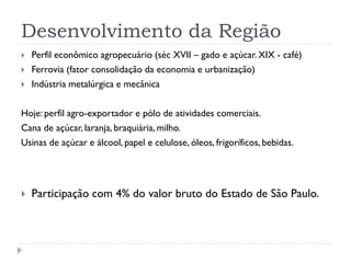 Desenvolvimento da Região
 Perfil econômico agropecuário (séc XVII – gado e açúcar. XIX - café)
 Ferrovia (fator consolidação da economia e urbanização)
 Indústria metalúrgica e mecânica
Hoje: perfil agro-exportador e pólo de atividades comerciais.
Cana de açúcar, laranja, braquiária,milho.
Usinas de açúcar e álcool, papel e celulose, óleos, frigoríficos, bebidas.
 Participação com 4% do valor bruto do Estado de São Paulo.
 
