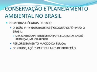 CONSERVAÇÃO E PLANEJAMENTO
AMBIENTAL NO BRASIL
 PRIMEIRAS DÉCADAS DE 1800:
    D. JOÃO VI → NATURALISTAS (“GEÓGRAFOS”!?) PARA O
     BRASIL;
       SPIX,MARTIUSNATTERER,MIKAN,POHL ELOEFGREN, ANDRÉ
        REBOUÇAS, MAJOR ARCHER,
   REFLORESTAMENTO MACIÇO DA TIJUCA;
   CONTUDO, AÇÕES PARTICULARES DE PROTEÇÃO;
 