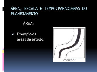ÁREA, ESCALA E TEMPO:PARADIGMAS DO
PLANEJAMENTO

      ÁREA:

 Exemplo de
  áreas de estudo:
 