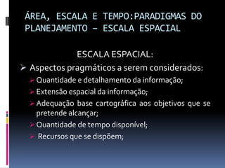 ÁREA, ESCALA E TEMPO:PARADIGMAS DO
 PLANEJAMENTO – ESCALA ESPACIAL

             ESCALA ESPACIAL:
 Aspectos pragmáticos a serem considerados:
   Quantidade e detalhamento da informação;
   Extensão espacial da informação;
   Adequação base cartográfica aos objetivos que se
    pretende alcançar;
   Quantidade de tempo disponível;
   Recursos que se dispõem;
 