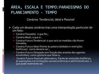 ÁREA, ESCALA E TEMPO:PARADIGMAS DO
 PLANEJAMENTO - TEMPO
               Cenários Tendencial, Ideal e Possível

 Cada um desses cenários traz uma interpretação particular de
  um fato:
    Cenário Passado): o que foi ;
    Cenário Real): o que é ;
    Cenário Futuro Tendencial: o que será se medidas não forem
     tomadas;
    Cenário Futuro Ideal (frente às potencialidades e restrições
     biofísicas): como deveria ser ;
    Cenário Futuro Desejado (em função dos anseios dos agentes
     envolvidos): como gostaria que fosse e;
    Cenário Futuro Possível (alternativo, frente às restrições biofísicas,
     às aspirações e às limitações socioeconômicas e administrativas): o
     que pode realmente ser .
 