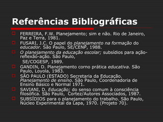 Referências Bibliográficas
 FERREIRA, F.W. Planejamento; sim e não. Rio de Janeiro,
Paz e Terra, 1981.
 FUSARI, J.C. O papel do planejamento na formação do
educador. São Paulo, SE/CENP, 1988.
 O planejamento da educação escolar; subsídios para ação-
reflexão-ação. São Paulo,
SE/COGESP, 1989.
 GANDIN, D. Planejamento corno prática educativa. São
Paulo, Loyola, 1983.
 SÃO PAULO (ESTADO) Secretaria da Educação.
Planejamento de ensino. São Paulo, Coordenadoria de
Ensino Básico e Normal 1971.
 SAVIANI, D. Educação; do senso comum à consciência
filosófica. São Paulo, Cortez/Autores Associados, 1987.
 SUBSÍDIOS para o planejamento do trabalho. São Paulo,
Núcleo Experimental da Lapa, 1970. (Projeto 70).
 