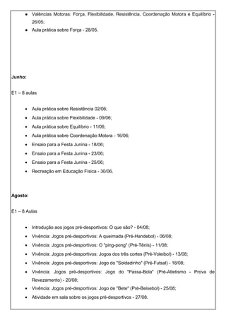  Valências Motoras: Força, Flexibilidade, Resistência, Coordenação Motora e Equilíbrio -
26/05;
 Aula prática sobre Força - 28/05.
Junho:
E1 – 8 aulas
• Aula prática sobre Resistência 02/06;
• Aula prática sobre Flexibilidade - 09/06;
• Aula prática sobre Equilíbrio - 11/06;
• Aula prática sobre Coordenação Motora - 16/06;
• Ensaio para a Festa Junina - 18/06;
• Ensaio para a Festa Junina - 23/06;
• Ensaio para a Festa Junina - 25/06;
• Recreação em Educação Física - 30/06.
Agosto:
E1 – 8 Aulas
• Introdução aos jogos pré-desportivos: O que são? - 04/08;
• Vivência: Jogos pré-desportivos: A queimada (Pré-Handebol) - 06/08;
• Vivência: Jogos pré-desportivos: O "ping-pong" (Pré-Tênis) - 11/08;
• Vivência: Jogos pré-desportivos: Jogos dos três cortes (Pré-Voleibol) - 13/08;
• Vivência: Jogos pré-desportivos: Jogo do "Soldadinho" (Pré-Futsal) - 18/08;
• Vivência: Jogos pré-desportivos: Jogo do "Passa-Bola" (Pré-Atletismo - Prova de
Revezamento) - 20/08;
• Vivência: Jogos pré-desportivos: Jogo de "Bete" (Pré-Beisebol) - 25/08;
• Atividade em sala sobre os jogos pré-desportivos - 27/08.
 