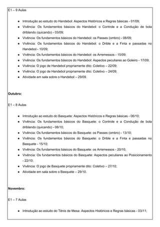 E1 – 9 Aulas
 Introdução ao estudo do Handebol: Aspectos Históricos e Regras básicas - 01/09;
 Vivência: Os fundamentos básicos do Handebol: o Controle e a Condução de bola
driblando (quicando) - 03/09;
 Vivência: Os fundamentos básicos do Handebol: os Passes (ombro) - 08/09;
 Vivência: Os fundamentos básicos do Handebol: o Drible e a Finta e passadas no
Handebol - 10/09;
 Vivência: Os fundamentos básicos do Handebol: os Arremessos - 15/09;
 Vivência: Os fundamentos básicos do Handebol: Aspectos peculiares ao Goleiro - 17/09;
 Vivência: O jogo de Handebol propriamente dito: Coletivo – 22/09;
 Vivência: O jogo de Handebol propriamente dito: Coletivo – 24/09;
 Atividade em sala sobre o Handebol – 29/09.
Outubro:
E1 – 8 Aulas
 Introdução ao estudo do Basquete: Aspectos Históricos e Regras básicas - 06/10;
 Vivência: Os fundamentos básicos do Basquete: o Controle e a Condução de bola
driblando (quicando) - 08/10;
 Vivência: Os fundamentos básicos do Basquete: os Passes (ombro) - 13/10;
 Vivência: Os fundamentos básicos do Basquete: o Drible e a Finta e passadas no
Basquete - 15/10;
 Vivência: Os fundamentos básicos do Basquete: os Arremessos - 20/10;
 Vivência: Os fundamentos básicos do Basquete: Aspectos peculiares ao Posicionamento
- 22/10;
 Vivência: O jogo de Basquete propriamente dito: Coletivo – 27/10;
 Atividade em sala sobre o Basquete – 29/10.
Novembro:
E1 – 7 Aulas
 Introdução ao estudo do Tênis de Mesa: Aspectos Históricos e Regras básicas - 03/11;
 