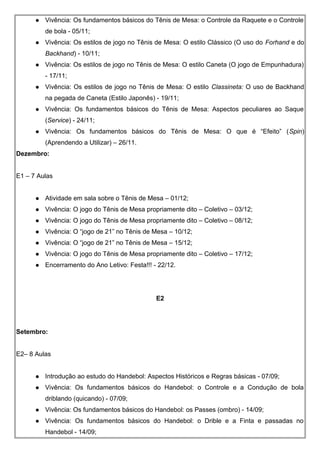  Vivência: Os fundamentos básicos do Tênis de Mesa: o Controle da Raquete e o Controle
de bola - 05/11;
 Vivência: Os estilos de jogo no Tênis de Mesa: O estilo Clássico (O uso do Forhand e do
Backhand) - 10/11;
 Vivência: Os estilos de jogo no Tênis de Mesa: O estilo Caneta (O jogo de Empunhadura)
- 17/11;
 Vivência: Os estilos de jogo no Tênis de Mesa: O estilo Classineta: O uso de Backhand
na pegada de Caneta (Estilo Japonês) - 19/11;
 Vivência: Os fundamentos básicos do Tênis de Mesa: Aspectos peculiares ao Saque
(Service) - 24/11;
 Vivência: Os fundamentos básicos do Tênis de Mesa: O que é “Efeito” (Spin)
(Aprendendo a Utilizar) – 26/11.
Dezembro:
E1 – 7 Aulas
 Atividade em sala sobre o Tênis de Mesa – 01/12;
 Vivência: O jogo do Tênis de Mesa propriamente dito – Coletivo – 03/12;
 Vivência: O jogo do Tênis de Mesa propriamente dito – Coletivo – 08/12;
 Vivência: O “jogo de 21” no Tênis de Mesa – 10/12;
 Vivência: O “jogo de 21” no Tênis de Mesa – 15/12;
 Vivência: O jogo do Tênis de Mesa propriamente dito – Coletivo – 17/12;
 Encerramento do Ano Letivo: Festa!!! - 22/12.
E2
Setembro:
E2– 8 Aulas
 Introdução ao estudo do Handebol: Aspectos Históricos e Regras básicas - 07/09;
 Vivência: Os fundamentos básicos do Handebol: o Controle e a Condução de bola
driblando (quicando) - 07/09;
 Vivência: Os fundamentos básicos do Handebol: os Passes (ombro) - 14/09;
 Vivência: Os fundamentos básicos do Handebol: o Drible e a Finta e passadas no
Handebol - 14/09;
 