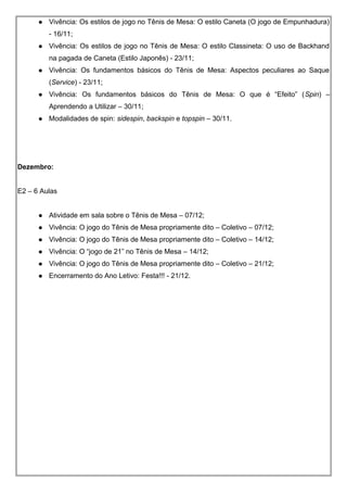  Vivência: Os estilos de jogo no Tênis de Mesa: O estilo Caneta (O jogo de Empunhadura)
- 16/11;
 Vivência: Os estilos de jogo no Tênis de Mesa: O estilo Classineta: O uso de Backhand
na pagada de Caneta (Estilo Japonês) - 23/11;
 Vivência: Os fundamentos básicos do Tênis de Mesa: Aspectos peculiares ao Saque
(Service) - 23/11;
 Vivência: Os fundamentos básicos do Tênis de Mesa: O que é “Efeito” (Spin) –
Aprendendo a Utilizar – 30/11;
 Modalidades de spin: sidespin, backspin e topspin – 30/11.
Dezembro:
E2 – 6 Aulas
 Atividade em sala sobre o Tênis de Mesa – 07/12;
 Vivência: O jogo do Tênis de Mesa propriamente dito – Coletivo – 07/12;
 Vivência: O jogo do Tênis de Mesa propriamente dito – Coletivo – 14/12;
 Vivência: O “jogo de 21” no Tênis de Mesa – 14/12;
 Vivência: O jogo do Tênis de Mesa propriamente dito – Coletivo – 21/12;
 Encerramento do Ano Letivo: Festa!!! - 21/12.
 