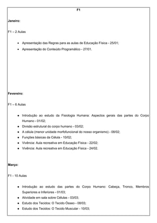 F1
Janeiro:
F1 – 2 Aulas
• Apresentação das Regras para as aulas de Educação Física - 25/01;
• Apresentação do Conteúdo Programático - 27/01.
Fevereiro:
F1 – 6 Aulas
 Introdução ao estudo da Fisiologia Humana: Aspectos gerais das partes do Corpo
Humano - 01/02;
 Divisão estrutural do corpo humano - 03/02;
 A célula (menor unidade morfofuncional do nosso organismo) - 08/02;
 Funções básicas da Célula - 10/02;
 Vivência: Aula recreativa em Educação Física - 22/02;
 Vivência: Aula recreativa em Educação Física - 24/02.
Março:
F1 - 10 Aulas
 Introdução ao estudo das partes do Corpo Humano: Cabeça, Tronco, Membros
Superiores e Inferiores - 01/03;
 Atividade em sala sobre Células - 03/03;
 Estudo dos Tecidos: O Tecido Ósseo - 08/03;
 Estudo dos Tecidos: O Tecido Muscular - 10/03;
 