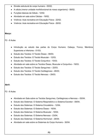  Divisão estrutural do corpo humano - 05/02;
 A célula (menor unidade morfofuncional do nosso organismo) - 08/02;
 Funções básicas da Célula - 12/02;
 Atividade em sala sobre Células - 19/02;
 Vivência: Aula recreativa em Educação Física - 22/02;
 Vivência: Aula recreativa em Educação Física - 26/02.
Março:
F2 - 8 Aulas
 Introdução ao estudo das partes do Corpo Humano: Cabeça, Tronco, Membros
Superiores e Inferiores - 01/03;
 Estudo dos Tecidos: O Tecido Ósseo - 08/03;
 Estudo dos Tecidos: O Tecido Muscular - 12/03;
 Estudo dos Tecidos: O Tecido Conjuntivo - 15/03;
 Atividade em sala sobre os Tecidos Ósseo, Muscular e Conjuntivo - 19/03;
 Estudo dos Tecidos: O Tecido Sanguíneo – 22/03;
 Estudo dos Tecidos: O Tecido Cartilaginoso - 26/03;
 Estudo dos Tecidos: O Tecido Nervoso – 29/03.
Abril:
F2 - 8 Aulas
 Atividade em Sala sobre os Tecidos Sanguíneo, Cartilaginoso e Nervoso – 05/04;
 Estudo dos Sistemas: O Sistema Respiratório e o Sistema Excretor - 09/04;
 Estudo dos Sistemas: O Sistema Circulatório - 12/04;
 Estudo dos Sistemas: O Sistema Ósseo - 16/04;
 Estudo dos Sistemas: O Sistema Muscular - 19/04;
 Estudo dos Sistemas: O Sistema Nervoso - 23/04;
 Estudo dos Sistemas: O Sistema Hormonal – 26/04;
 Atividade em sala sobre os Sistemas do Corpo Humano - 30/04.
F3
 
