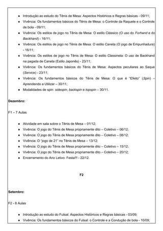  Introdução ao estudo do Tênis de Mesa: Aspectos Históricos e Regras básicas - 09/11;
 Vivência: Os fundamentos básicos do Tênis de Mesa: o Controle da Raquete e o Controle
de bola - 09/11;
 Vivência: Os estilos de jogo no Tênis de Mesa: O estilo Clássico (O uso do Forhand e do
Backhand) - 16/11;
 Vivência: Os estilos de jogo no Tênis de Mesa: O estilo Caneta (O jogo de Empunhadura)
- 16/11;
 Vivência: Os estilos de jogo no Tênis de Mesa: O estilo Classineta: O uso de Backhand
na pagada de Caneta (Estilo Japonês) - 23/11;
 Vivência: Os fundamentos básicos do Tênis de Mesa: Aspectos peculiares ao Saque
(Service) - 23/11;
 Vivência: Os fundamentos básicos do Tênis de Mesa: O que é “Efeito” (Spin) –
Aprendendo a Utilizar – 30/11;
 Modalidades de spin: sidespin, backspin e topspin – 30/11.
Dezembro:
F1 – 7 Aulas
 Atividade em sala sobre o Tênis de Mesa – 01/12;
 Vivência: O jogo do Tênis de Mesa propriamente dito – Coletivo – 06/12;
 Vivência: O jogo do Tênis de Mesa propriamente dito – Coletivo – 08/12;
 Vivência: O “jogo de 21” no Tênis de Mesa – 13/12;
 Vivência: O jogo do Tênis de Mesa propriamente dito – Coletivo – 15/12;
 Vivência: O jogo do Tênis de Mesa propriamente dito – Coletivo – 20/12;
 Encerramento do Ano Letivo: Festa!!! - 22/12.
F2
Setembro:
F2 - 8 Aulas
 Introdução ao estudo do Futsal: Aspectos Históricos e Regras básicas - 03/09;
 Vivência: Os fundamentos básicos do Futsal: o Controle e a Condução de bola - 10/09;
 