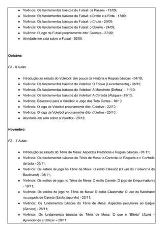  Vivência: Os fundamentos básicos do Futsal: os Passes - 13/09;
 Vivência: Os fundamentos básicos do Futsal: o Drible e a Finta - 17/09;
 Vivência: Os fundamentos básicos do Futsal: o Chute - 20/09;
 Vivência: Os fundamentos básicos do Futsal: o Goleiro - 24/09;
 Vivência: O jogo de Futsal propriamente dito: Coletivo - 27/09;
 Atividade em sala sobre o Futsal - 30/09.
Outubro:
F2 - 8 Aulas
 Introdução ao estudo do Voleibol: Um pouco da História e Regras básicas - 04/10;
 Vivência: Os fundamentos básicos do Voleibol: O Toque (Levantamento) - 08/10;
 Vivência: Os fundamentos básicos do Voleibol: A Manchete (Defesa) - 11/10;
 Vivência: Os fundamentos básicos do Voleibol: A Cortada (Ataque) - 15/10;
 Vivência: Educativo para o Voleibol: o Jogo dos Três Cortes - 18/10;
 Vivência: O jogo de Voleibol propriamente dito: Coletivo - 22/10;
 Vivência: O jogo de Voleibol propriamente dito: Coletivo - 25/10;
 Atividade em sala sobre o Voleibol - 29/10.
Novembro:
F2 – 7 Aulas
 Introdução ao estudo do Tênis de Mesa: Aspectos Históricos e Regras básicas - 01/11;
 Vivência: Os fundamentos básicos do Tênis de Mesa: o Controle da Raquete e o Controle
de bola - 05/11;
 Vivência: Os estilos de jogo no Tênis de Mesa: O estilo Clássico (O uso do Forhand e do
Backhand) - 08/11;
 Vivência: Os estilos de jogo no Tênis de Mesa: O estilo Caneta (O jogo de Empunhadura)
- 19/11;
 Vivência: Os estilos de jogo no Tênis de Mesa: O estilo Classineta: O uso de Backhand
na pagada de Caneta (Estilo Japonês) - 22/11;
 Vivência: Os fundamentos básicos do Tênis de Mesa: Aspectos peculiares ao Saque
(Service) - 26/11;
 Vivência: Os fundamentos básicos do Tênis de Mesa: O que é “Efeito” (Spin) –
Aprendendo a Utilizar – 29/11.
 