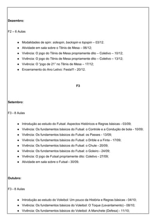 Dezembro:
F2 – 6 Aulas
 Modalidades de spin: sidespin, backspin e topspin – 03/12.
 Atividade em sala sobre o Tênis de Mesa – 06/12;
 Vivência: O jogo do Tênis de Mesa propriamente dito – Coletivo – 10/12;
 Vivência: O jogo do Tênis de Mesa propriamente dito – Coletivo – 13/12;
 Vivência: O “jogo de 21” no Tênis de Mesa – 17/12;
 Encerramento do Ano Letivo: Festa!!! - 20/12.
F3
Setembro:
F3 - 8 Aulas
 Introdução ao estudo do Futsal: Aspectos Históricos e Regras básicas - 03/09;
 Vivência: Os fundamentos básicos do Futsal: o Controle e a Condução de bola - 10/09;
 Vivência: Os fundamentos básicos do Futsal: os Passes - 13/09;
 Vivência: Os fundamentos básicos do Futsal: o Drible e a Finta - 17/09;
 Vivência: Os fundamentos básicos do Futsal: o Chute - 20/09;
 Vivência: Os fundamentos básicos do Futsal: o Goleiro - 24/09;
 Vivência: O jogo de Futsal propriamente dito: Coletivo - 27/09;
 Atividade em sala sobre o Futsal - 30/09.
Outubro:
F3 - 8 Aulas
 Introdução ao estudo do Voleibol: Um pouco da História e Regras básicas - 04/10;
 Vivência: Os fundamentos básicos do Voleibol: O Toque (Levantamento) - 08/10;
 Vivência: Os fundamentos básicos do Voleibol: A Manchete (Defesa) - 11/10;
 