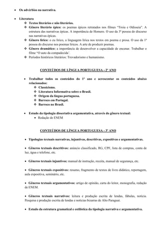  Os advérbios na narrativa.
 Literatura
 Textos literários e não literários.
 Gênero literário épico: os poemas épicos retratados nos filmes “Troia e Odisseia”. A
estrutura das narrativas épicas. A importância de Homero. O uso da 3ª pessoa do discurso
nas narrativas épicas.
 Gênero lírico: o eu lírico, a linguagem lírica nos textos em poema e prosa. O uso da 1ª
pessoa do discurso nos poemas líricos. A arte de produzir poemas.
 Gênero dramático: a importância de desenvolver a capacidade de encenar. Trabalhar o
filme “O auto da compadecida’.
 Períodos históricos literários: Trovadorismo e humanismo.
CONTEÚDOS DE LÍNGUA PORTUGUESA - 2º ANO
 Trabalhar todos os conteúdos do 1º ano e acrescentar os conteúdos abaixo
relacionados:
 Classicismo.
 Literatura Informativa sobre o Brasil.
 Origem da língua portuguesa.
 Barroco em Portugal.
 Barroco no Brasil.
 Estudo da tipologia dissertativa argumentativa, através do gênero textual:
 Redação de ENEM
CONTEÚDOS DE LÍNGUA PORTUGUESA - 3º ANO
 Tipologias textuais narrativas, injuntivas, descritivas, expositivas e argumentativas.
 Gêneros textuais descritivos: anúncio classificado, RG, CPF, lista de compras, conta de
luz, água e telefone, etc.
 Gêneros textuais injuntivos: manual de instrução, receita, manual de segurança, etc.
 Gêneros textuais expositivos: resumo, fragmento de textos de livro didático, reportagem,
aula expositiva, seminário, etc.
 Gêneros textuais argumentativos: artigo de opinião, carta do leitor, monografia, redação
de ENEM.
 Gêneros textuais narrativos: leitura e produção escrita de lendas, fábulas, notícia.
Pesquisa e produção escrita de lendas e notícias bizarras de Alto Paraguai.
 Estudo da estrutura gramatical e estilística da tipologia narrativa e argumentativa.
 