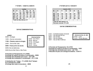 1ª ETAPA – 14/04/10 à 30/06/10                                 4ª ETAPA 22/12 à 15/03/2011

                              Junho                                                    Janeiro- 2011
              D     S    T      Q    Q      S    S                     D      S      T     Q      Q       S     S
                         01 02 03           04   05                                                             01
              06 07 08 09 10                11   12                    02     03     04     05       06   07    08
              13 14 15 16 17                18   19                    09     10     11     12       13   14    15
              20 21 22 23 24                25   26                    16     17     18     19       20   21    22
              27 28 29 30                                              23     24     25     26       27   28    29
              Total de dias letivos: 21                                30     31
                                                                       Total de dias letivos: 21
                                                                       Recesso escolar: 01 e 02

                                                                                   DATAS COMEMORATIVAS

                    DATAS COMEMORATIVAS


                                                                01/01 – Confraternização Universal
   JUNHO                                                        01/01 - Dia Mundial da Paz                 Aniversariantes do mês
05/06 – Ecologia                              Aniversariantes   06/01 - Dia de Reis                       20/01 - Luena
                                          13/06 – Iara Nobre    06/01 - Dia da Gratidão                   26/01 – Fátima Marques
12/06 – Dia dos namorados                                       30/01 - Dia da Não-Violência
                                          18/06 - Marcos
11/06 – Palestra sobre às drogas.         22/06 – Miriângela
24/06 - Dia de São João                   03/07 – Vera
30/06 - Festa junina da escola.           04/07 - Fátima
                                                                ►Previsão de Planejamento: 03 à 07/01
29/06- Dia da telefonista.                                      ►Entrega do caderno de plano à coordenação – 10/01
29/06 Dia de São Pedro e São Paulo                              ►Entrega das atividades para xerox – até 11/01
                                                                ►Reunião de pais com entrega de boletins – 07/01/11
►Previsão de Planejamento: 01 à 09/06
►Entrega do caderno de plano à coordenação – 09/06
►Entrega das atividades para xerox – até 11/06
►Entrega das avaliações à coordenação – 07 a 11/06

►Avaliações da 1ª etapa – 17 a 23/06 ( No 2º tempo)
►2ª chamada 24 e 25/06
►Entrega das notas na secretaria – 28/06                                                         21
                                   4
 