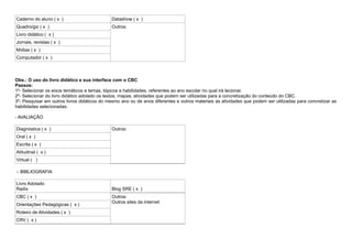 Caderno do aluno ( x )

Datashow ( x )

Quadro/giz ( x )

Outros:

Livro didático ( x )
Jornais, revistas ( x )
Mídias ( x )
Computador ( x )

Obs.: O uso do livro didático e sua interface com o CBC
Passos:
1º- Selecionar os eixos temáticos e temas, tópicos e habilidades, referentes ao ano escolar no qual irá lecionar.
2º- Selecionar do livro didático adotado os textos, mapas, atividades que podem ser utilizadas para a concretização do conteúdo do CBC.
3º- Pesquisar em outros livros didáticos do mesmo ano ou de anos diferentes e outros materiais as atividades que podem ser utilizadas para concretizar as
habilidades selecionadas.
- AVALIAÇÃO
Diagnóstica ( x )

Outros:

Oral ( x )
Escrita ( x )
Atitudinal ( x )
Virtual ( )
– BIBLIOGRAFIA
Livro Adotado
Radix
CBC ( x )
Orientações Pedagógicas ( x )
Roteiro de Atividades ( x )
CRV ( x )

Blog SRE ( x )
Outros:
Outros sites da internet

 