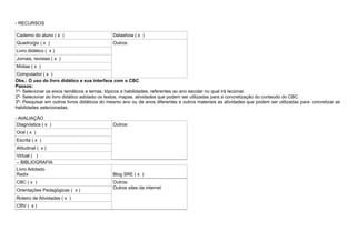 - RECURSOS

Caderno do aluno ( x )                        Datashow ( x )
Quadro/giz ( x )                              Outros:
Livro didático ( x )
Jornais, revistas ( x )
Mídias ( x )
Computador ( x )
Obs.: O uso do livro didático e sua interface com o CBC
Passos:
1º- Selecionar os eixos temáticos e temas, tópicos e habilidades, referentes ao ano escolar no qual irá lecionar.
2º- Selecionar do livro didático adotado os textos, mapas, atividades que podem ser utilizadas para a concretização do conteúdo do CBC.
3º- Pesquisar em outros livros didáticos do mesmo ano ou de anos diferentes e outros materiais as atividades que podem ser utilizadas para concretizar as
habilidades selecionadas.

- AVALIAÇÃO
 Diagnóstica ( x )                            Outros:
Oral ( x )
Escrita ( x )
Atitudinal ( x )
Virtual ( )
– BIBLIOGRAFIA
Livro Adotado
Radix                                         Blog SRE ( x )
CBC ( x )                                     Outros:
                                              Outros sites da internet
Orientações Pedagógicas ( x )
Roteiro de Atividades ( x )
CRV ( x )
 