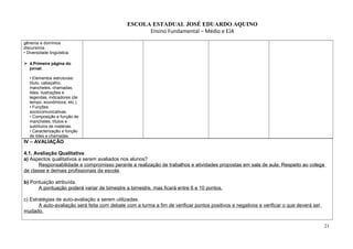 ESCOLA ESTADUAL JOSÉ EDUARDO AQUINO
Ensino Fundamental – Médio e EJA
gêneros e domínios
discursivos.
• Diversidade lingüística.
 4.Primeira página do
jornal:
• Elementos estruturais:
título, cabeçalho,
manchetes, chamadas,
lides, ilustrações e
legendas, indicadores (de
tempo, econômicos, etc.).
• Funções
sociocomunicativas.
• Composição e função de
manchetes, títulos e
subtítulos de matérias.
• Caracterização e função
de lides e chamadas.
IV – AVALIAÇÃO
4.1. Avaliação Qualitativa
a) Aspectos qualitativos a serem avaliados nos alunos?
Responsabilidade e compromisso perante a realização de trabalhos e atividades propostas em sala de aula. Respeito ao colega
de classe e demais profissionais da escola.
b) Pontuação atribuída.
A pontuação poderá variar de bimestre a bimestre, mas ficará entre 6 e 10 pontos.
c) Estratégias de auto-avaliação a serem utilizadas.
A auto-avaliação será feita com debate com a turma a fim de verificar pontos positivos e negativos e verificar o que deverá ser
mudado.
21
 