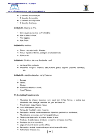 PREFEITURA MUNICIPAL DE CASTANHAL



SECRETARIA MUNICIPAL DE EDUCAÇÃO E DESPORTO.

               O desenho de observação;
               O desenho de memória;
               O desenho de computador;
               O desenho de criação.

       Unidade III – História da Arte.


               Como surgiu a arte: Arte na Pré-História;
               Arte na Mesopotâmia;
               Arte Egípcia;
               Arte Grega.

       Unidade IV – A pintura.


               Pintura como expressão: Abstrata;
               Pintura figurativa: Retrato, paisagens e natureza morta;
               Auto-retrato.

       Unidade V– O Folclore Nacional, Regional e Local.


               Lendas e Mitos regionais;
               Artesanato Indígena: cerâmica, arte plumária, pintura corporal (desenho labiríntico),
                   etc.

       Unidade VI – A poética da cultura e arte Paraense.


               Danças;
               Teatro;
               Música;
               Patrimônio Histórico Cultural;
               Artes Plásticas.

       IV - Conteúdos Procedimentais:


               Atividades de criação: desenhos sem papel com linhas, formas e textura que
               transmitam idéia de força, calmarias, dor, paz, felicidade, etc;
               Trabalho com plaquinhas de massa;
               Caixa de surpresas (textura);
               Percepção visual com várias imagens;
               Percepção e análise visual em desenhos figurativos, geométricos e abstratos;
               Atividades de composição com formas geométricas;
               Desenho de observação de objetos de sala de aula;
               Produção de cadernos de atividades com as três formas de desenhos;
               Produção do círculo cromático;
               Jogos envolvendo cores quentes e frias;
               Percepção e análise visual em imagens artísticas e publicitárias;
               Releitura de obras de arte;
                                                       18
 