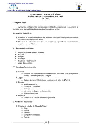 PREFEITURA MUNICIPAL DE CASTANHAL



SECRETARIA MUNICIPAL DE EDUCAÇÃO E DESPORTO.

                                 PLANEJAMENTO DE EDUCAÇÃO FÍSICA
                             6ª SÉRIE – ENSINO FUNDAMENTAL DE 9 ANOS
                                              ANO: 2010

       I – Objetivo Geral:

               Aprofundar conhecimentos técnicos das modalidades, socializando e respeitando o
       indivíduo como fator da interação psico social e formação de caráter.

       II – Objetivos Específicos:

               Conhecer as expressões corporais em diferentes linguagens identificando os diversos
               movimentos das diferentes culturais;
               Vivenciar os fundamentos esportivos com a forma de expressão do desenvolvimento
               das diversas modalidades.

       III – Conteúdos Conceituais:

              Linguagem das expressões corporais;
              Esportes;
              Danças;
              Ginástica;
              Educação Física Postural;
              Jogos Cooperativos.

       IV - Conteúdos Procedimentais:

              Esporte:
                  ⇒ Vivências nas diversas modalidades esportivas (handebol, futsal, basquetebol,
                      voleibol e atletismo): Histórico e Regras;
              Jogos:
                  ⇒ Xadrez: Aberturas Estratégicas e posicionamento tático (p. 27 a 31).
              Danças:
                  ⇒ Atividades Rítmicas;
                  ⇒ Folclóricas e Populares;
                  ⇒ Histórico;
                  ⇒ Movimento do Corpo e noção espacial;
                  ⇒ Coreografia Simples.
              Ginástica:
                  ⇒ Expressão do Corpo e movimentos ginásticos.

       V - Conteúdos Atitudinais:

               Filosofia de trabalho da Educação Física;
                   ⇒ Ética;
                   ⇒ Direitos;
                   ⇒ Deveres;
                   ⇒ Comportamento Social;
                   ⇒ Valores.


                                                      25
 