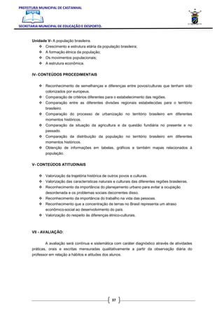 PREFEITURA MUNICIPAL DE CASTANHAL



SECRETARIA MUNICIPAL DE EDUCAÇÃO E DESPORTO.


       Unidade V- A população brasileira.
               Crescimento e estrutura etária da população brasileira;
               A formação étnica da população;
               Os movimentos populacionais;
               A estrutura econômica.

       IV- CONTEÚDOS PROCEDIMENTAIS


               Reconhecimento de semelhanças e diferenças entre povos/culturas que tenham sido
               colonizados por europeus.
               Comparação de critérios diferentes para o estabelecimento das regiões.
               Comparação entre as diferentes divisões regionais estabelecidas para o território
               brasileiro.
               Comparação do processo de urbanização no território brasileiro em diferentes
               momentos históricos.
               Comparação da situação da agricultura e da questão fundiária no presente e no
               passado.
               Comparação da distribuição da população no território brasileiro em diferentes
               momentos históricos.
               Obtenção de informações em tabelas, gráficos e também mapas relacionados à
               população.

       V- CONTEÚDOS ATITUDINAIS


               Valorização da trajetória histórica de outros povos e culturas.
               Valorização das características naturais e culturais das diferentes regiões brasileiras.
               Reconhecimento da importância do planejamento urbano para evitar a ocupação
               desordenada e os problemas sociais decorrentes disso.
               Reconhecimento da importância do trabalho na vida das pessoas.
               Reconhecimento que a concentração de terras no Brasil representa um atraso
               econômico-social ao desenvolvimento do país.
               Valorização do respeito às diferenças étnico-culturais.



       VII - AVALIAÇÃO:


               A avaliação será contínua e sistemática com caráter diagnóstico através de atividades
       práticas, orais e escritas mensuradas qualitativamente a partir da observação diária do
       professor em relação a hábitos e atitudes dos alunos.




                                                        37
 
