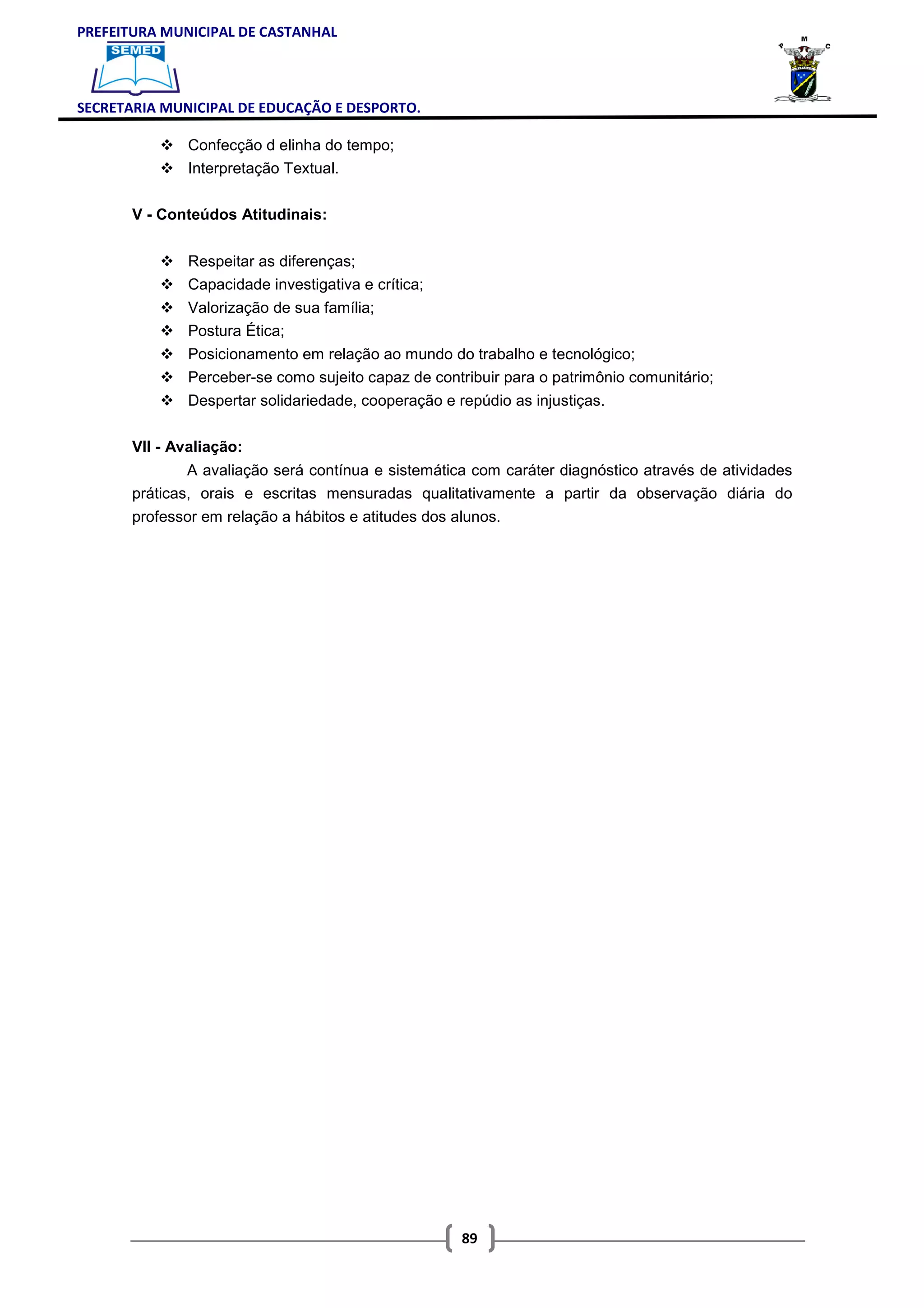 PREFEITURA MUNICIPAL DE CASTANHAL



SECRETARIA MUNICIPAL DE EDUCAÇÃO E DESPORTO.

               Confecção d elinha do tempo;
               Interpretação Textual.

       V - Conteúdos Atitudinais:


               Respeitar as diferenças;
               Capacidade investigativa e crítica;
               Valorização de sua família;
               Postura Ética;
               Posicionamento em relação ao mundo do trabalho e tecnológico;
               Perceber-se como sujeito capaz de contribuir para o patrimônio comunitário;
               Despertar solidariedade, cooperação e repúdio as injustiças.

       VII - Avaliação:
               A avaliação será contínua e sistemática com caráter diagnóstico através de atividades
       práticas, orais e escritas mensuradas qualitativamente a partir da observação diária do
       professor em relação a hábitos e atitudes dos alunos.




                                                      89
 