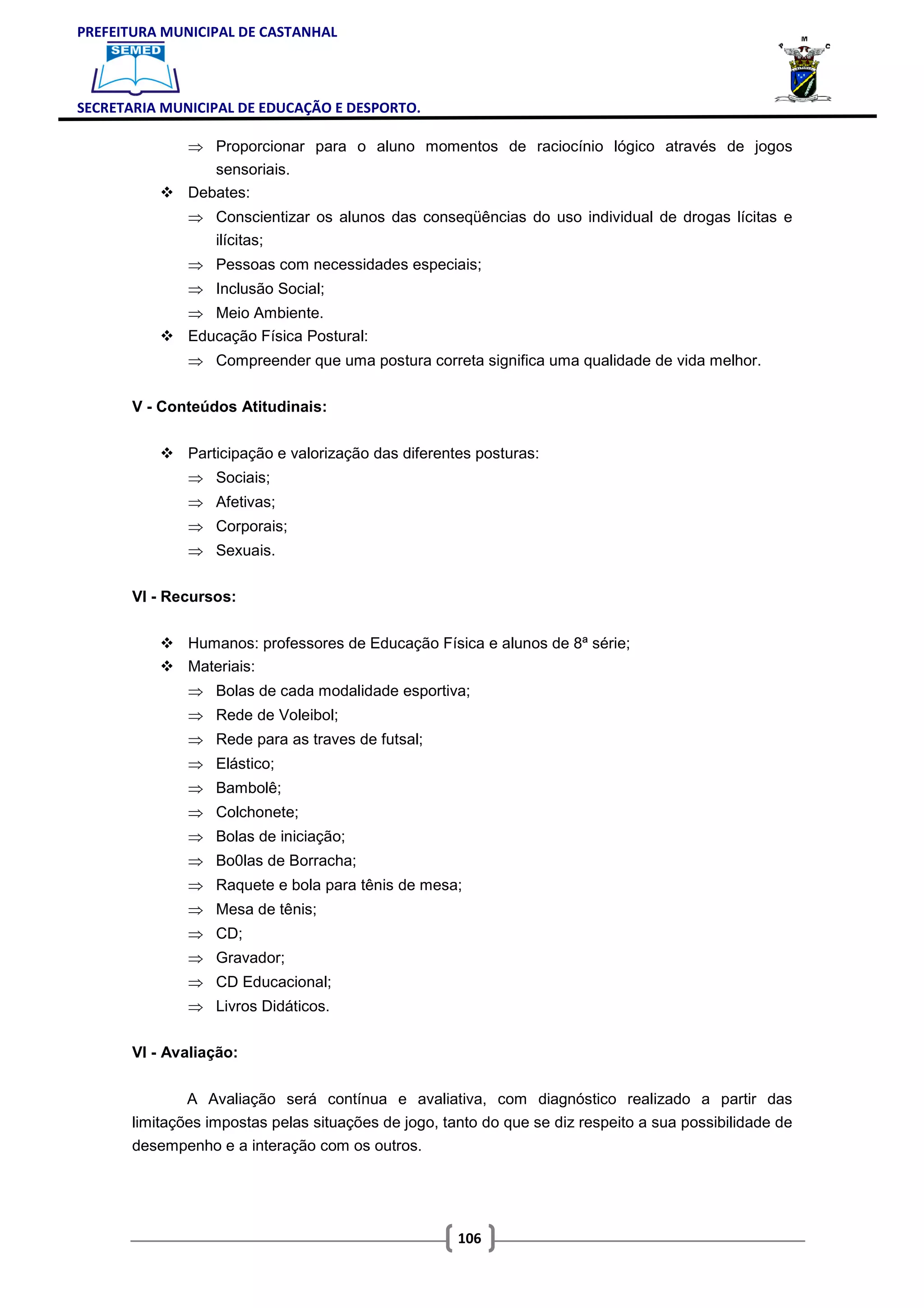 PREFEITURA MUNICIPAL DE CASTANHAL



SECRETARIA MUNICIPAL DE EDUCAÇÃO E DESPORTO.

               ⇒ Proporcionar para o aluno momentos de raciocínio lógico através de jogos
                  sensoriais.
               Debates:
               ⇒ Conscientizar os alunos das conseqüências do uso individual de drogas lícitas e
                 ilícitas;
               ⇒ Pessoas com necessidades especiais;
               ⇒ Inclusão Social;
               ⇒ Meio Ambiente.
               Educação Física Postural:
               ⇒ Compreender que uma postura correta significa uma qualidade de vida melhor.

       V - Conteúdos Atitudinais:


               Participação e valorização das diferentes posturas:
               ⇒ Sociais;
               ⇒ Afetivas;
               ⇒ Corporais;
               ⇒ Sexuais.

       VI - Recursos:


               Humanos: professores de Educação Física e alunos de 8ª série;
               Materiais:
               ⇒ Bolas de cada modalidade esportiva;
               ⇒ Rede de Voleibol;
               ⇒ Rede para as traves de futsal;
               ⇒ Elástico;
               ⇒ Bambolê;
               ⇒ Colchonete;
               ⇒ Bolas de iniciação;
               ⇒ Bo0las de Borracha;
               ⇒ Raquete e bola para tênis de mesa;
               ⇒ Mesa de tênis;
               ⇒ CD;
               ⇒ Gravador;
               ⇒ CD Educacional;
               ⇒ Livros Didáticos.

       VI - Avaliação:


              A Avaliação será contínua e avaliativa, com diagnóstico realizado a partir das
       limitações impostas pelas situações de jogo, tanto do que se diz respeito a sua possibilidade de
       desempenho e a interação com os outros.




                                                      106
 