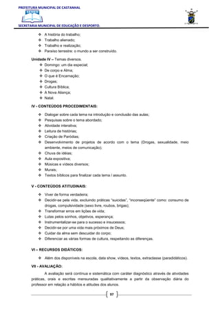 PREFEITURA MUNICIPAL DE CASTANHAL



SECRETARIA MUNICIPAL DE EDUCAÇÃO E DESPORTO.

              A história do trabalho;
              Trabalho alienado;
              Trabalho e realização;
              Paraíso terrestre: o mundo a ser construído.

       Unidade IV – Temas diversos.
              Domingo: um dia especial;
              De corpo e Alma;
              O que é Encarnação;
              Drogas;
              Cultura Bíblica;
              A Nova Aliança;
              Natal.

       IV - CONTEÚDOS PROCEDIMENTAIS:

               Dialogar sobre cada tema na introdução e conclusão das aulas;
               Pesquisas sobre o tema abordado;
               Atividade interativa;
               Leitura de histórias;
               Criação de Paródias;
               Desenvolvimento de projetos de acordo com o tema (Drogas, sexualidade, meio
               ambiente, meios de comunicação);
               Chuva de idéias;
               Aula expositiva;
               Músicas e vídeos diversos;
               Murais;
               Textos bíblicos para finalizar cada tema / assunto.

       V - CONTEÚDOS ATITUDINAIS:

               Viver de forma verdadeira;
               Decidir-se pela vida, excluindo práticas “suicidas”, “inconseqüente” como: consumo de
               drogas, compulsividade (sexo livre, roubos, brigas);
               Transformar erros em lições de vida;
               Lutas pelos sonhos, objetivos, esperança;
               Instrumentalizar-se para o sucesso e insucessos;
               Decidir-se por uma vida mais próximos de Deus;
               Cuidar da alma sem descuidar do corpo;
               Diferenciar as várias formas de cultura, respeitando as diferenças.

       VI – RECURSOS DIDÁTICOS:

               Além dos disponíveis na escola, data show, vídeos, textos, extraclasse (paradidáticos).

       VII - AVALIAÇÃO:
               A avaliação será contínua e sistemática com caráter diagnóstico através de atividades
       práticas, orais e escritas mensuradas qualitativamente a partir da observação diária do
       professor em relação a hábitos e atitudes dos alunos.

                                                       97
 