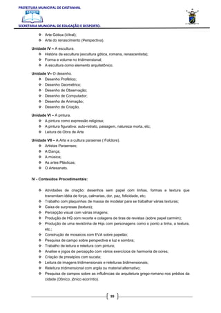 PREFEITURA MUNICIPAL DE CASTANHAL



SECRETARIA MUNICIPAL DE EDUCAÇÃO E DESPORTO.

               Arte Gótica (Vitral);
               Arte do renascimento (Perspectiva).

       Unidade IV – A escultura.
               História da escultura (escultura gótica, romana, renascentista);
               Forma e volume no tridimensional;
               A escultura como elemento arquitetônico.

       Unidade V– O desenho.
               Desenho Profético;
               Desenho Geométrico;
               Desenho de Observação;
               Desenho de Computador;
               Desenho de Animação;
               Desenho de Criação.

       Unidade VI – A pintura.
               A pintura como expressão religiosa;
               A pintura figurativa: auto-retrato, paisagem, natureza morta, etc;
               Leitura de Obra de Arte

       Unidade VII – A Arte e a cultura paraense ( Folclore).
               Artistas Paraenses;
               A Dança;
               A música;
               As artes Plásticas;
               O Artesanato.


       IV - Conteúdos Procedimentais:


               Atividades de criação: desenhos sem papel com linhas, formas e textura que
               transmitam idéia de força, calmarias, dor, paz, felicidade, etc;
               Trabalho com plaquinhas de massa de modelar para se trabalhar várias texturas;
               Caixa de surpresas (textura);
               Percepção visual com várias imagens;
               Produção de HQ com recorte e colagens de tiras de revistas (sobre papel carmim);
               Produção de uma revistinha de Hqs com personagens como o ponto a linha, a textura,
               etc.;
               Construção de mosaicos com EVA sobre papelão;
               Pesquisa de campo sobre perspectiva e luz e sombra;
               Trabalho de leitura e releitura com pintura;
               Analise e jogos de percepção com vários exercícios de harmonia de cores;
               Criação de presépios com sucata;
               Leitura de imagens tridimensionais e releituras bidimensionais;
               Releitura tridimensional com argila ou material alternativo;
               Pesquisa de campos sobre as influências da arquitetura grego-romano nos prédios da
               cidade (Dônico, jônico ecoríntio).



                                                       99
 