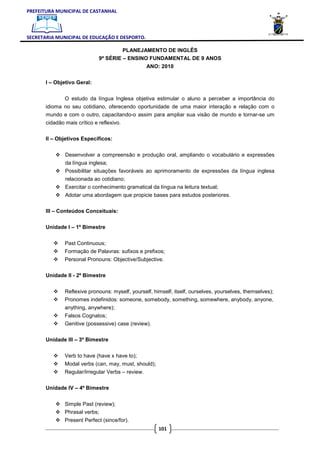 PREFEITURA MUNICIPAL DE CASTANHAL



SECRETARIA MUNICIPAL DE EDUCAÇÃO E DESPORTO.

                                       PLANEJAMENTO DE INGLÊS
                              9ª SÉRIE – ENSINO FUNDAMENTAL DE 9 ANOS
                                                   ANO: 2010

       I – Objetivo Geral:


               O estudo da língua Inglesa objetiva estimular o aluno a perceber a importância do
       idioma no seu cotidiano, oferecendo oportunidade de uma maior interação e relação com o
       mundo e com o outro, capacitando-o assim para ampliar sua visão de mundo e tornar-se um
       cidadão mais crítico e reflexivo.

       II – Objetivos Específicos:


               Desenvolver a compreensão e produção oral, ampliando o vocabulário e expressões
               da língua inglesa;
               Possibilitar situações favoráveis ao aprimoramento de expressões da língua inglesa
               relacionada ao cotidiano;
               Exercitar o conhecimento gramatical da língua na leitura textual;
               Adotar uma abordagem que propicie bases para estudos posteriores.

       III – Conteúdos Conceituais:


       Unidade I – 1º Bimestre


               Past Continuous;
               Formação de Palavras: sufixos e prefixos;
               Personal Pronouns: Objective/Subjective.

       Unidade II - 2º Bimestre


               Reflexive pronouns: myself, yourself, himself, itself, ourselves, yourselves, themselves);
               Pronomes indefinidos: someone, somebody, something, somewhere, anybody, anyone,
               anything, anywhere);
               Falsos Cognatos;
               Genitive (possessive) case (review).

       Unidade III – 3º Bimestre


               Verb to have (have x have to);
               Modal verbs (can, may, must, should);
               Regular/Irregular Verbs – review.

       Unidade IV – 4º Bimestre


               Simple Past (review);
               Phrasal verbs;
               Present Perfect (since/for).
                                                       101
 
