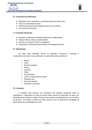 PREFEITURA MUNICIPAL DE CASTANHAL



SECRETARIA MUNICIPAL DE EDUCAÇÃO E DESPORTO.


       IV - Conteúdos Procedimentais:


               Repetição oral do vocabulário e expressões básicas do idioma alvo;
               Leitura e compreensão de texto;
               Inferência de palavras desconhecidas dentro de um contexto;
               Uso racional do dicionário.

       V - Conteúdos Atitudinais:


               Respeitar as diferentes variedades linguísticas do inglês falado;
               Preparar leitores críticos e questionadores;
               Exercitar uma postura crítica e investigadora;
               Valorização e interesse pelo aprendizado de estratégias de leitura.

       VI – Metodologia:


              As aulas serão realizadas através de atividades envolvendo a produção e
       compreensão oral, assim como a produção e compreensão escrita, através de:

                       Música;
                       Vídeo;
                       Recorte e colagem;
                       Mímica;
                       Cartazes;
                       Pôster;
                       Dramatizações;
                       Leitura e compreensão de textos;
                       Repetição oral;
                       Exercícios escritos;
                       Perguntas e respostas.

       VII - Avaliação:


              A avaliação será contínua, com prevalência dos aspectos qualitativos sobre os
       quantitativos e observados ao longo do período letivo através da observação do aluno nas
       atividades desenvolvidas em classe. O docente deve abordar as habilidades de ouvir, de falar e
       de escrever, com ênfase na leitura de textos diversos a fim de desenvolver estratégias de
       leitura dentro das possibilidades da turma.




                                                       102
 