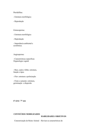 Pteridófitas:

- Estrutura morfológica

- Reprodução



Gimnosperma:

- Estrutura morfológica

- Reprodução

- Importância ambiental e
econômica.



Angiosperma:

- Características específicas
Organologia vegetal



- Raiz, caule e folha: estrutura,
função e tipos

- Flor: estrutura e polinização

- Fruto e semente: estrutura,
germinação e dispersão




6ª série / 7° ano




CONTEÚDOS MOBILIZADOS
                                    HABILIDADES/ OBJETIVOS

 Caracterização do Reino Animal - Revisar as características do
 