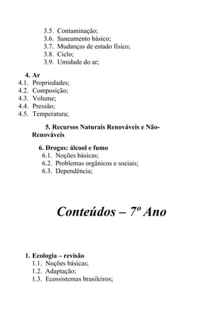 3.5.   Contaminação;
        3.6.   Saneamento básico;
        3.7.   Mudanças de estado físico;
        3.8.   Ciclo;
        3.9.   Umidade do ar;
  4. Ar
4.1. Propriedades;
4.2. Composição;
4.3. Volume;
4.4. Pressão;
4.5. Temperatura;
        5. Recursos Naturais Renováveis e Não-
    Renováveis
       6. Drogas: álcool e fumo
        6.1. Noções básicas;
        6.2. Problemas orgânicos e sociais;
        6.3. Dependência;




               Conteúdos – 7º Ano


  1. Ecologia – revisão
     1.1. Noções básicas;
     1.2. Adaptação;
     1.3. Ecossistemas brasileiros;
 
