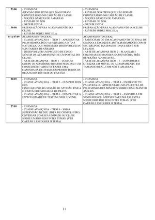 23/08 - CHAMADA
-REVISÃO DOS ITENS QUE NÃO FORAM
COMPLETADOS NO CARTÃO DE CLASSE.
- NOÇÕES BÁSICAS DE AMARRAS
- REVISÃO DE NÓS
- ORDEM UNIDA.
- CHAMADA
- REVISÃO DOS ITENS QUE NÃO FORAM
COMPLETADOS NO CARTÃO DE CLASSE.
- NOÇÕES BÁSICAS DE AMARRAS.
- REVISÃO DE NÓS
- ORDEM UNIDA
30/08 PREPARAÇÃO PARA ACAMPAMENTO DO
CLUBE
- REVISÃO SOBRE MOCHILA
PREPARAÇÃO PARA ACAMPAMENTO DO CLUBE
- REVISÃO SOBRE MOCHILA
04 A 07/09 ACAMPAMENTO GERAL
- CLASSE AVANÇADA – ITEM 7 – APRESENTAR
PELO MENOS CINCO ATIVIDADES JUNTO A
NATUREZA, QUE PODEM SER DESENVOLVIDAS
NAS TARDES DE SÁBADO.
- DESENVOLVER UM PROJETO DE CINCO
MÓVEIS DE ACAMPAMENTO E UM PORTAL DO
CLUBE.
- ARTE DE ACAMPAR – ITEM 1 – COM UM
GRUPO DE NO MÍNIMO QUATRO PESSOAS E UM
CONSELHEIRO ADULTO, FAZER UMA
CAMINHADA DE 25 KM CUMPRINDO TODOS OS
REQUISITOS DO ITEM DO CARTÃO.
ACAMPAMENTO GERAL
- PARTICIPAR DE UM ACAMPAMENTO DE FINAL DE
SEMANA E ESCOLHER ANTECIPADAMENTE COM O
SEU GRUPO O EQUIPAMENTO QUE DEVE SER
LEVADO.
- ARTE DE ACAMPAR ITEM 2 – PLANEJAR E
COZINHAR DE MANEIRA SATISFATÓRIA TRÊS
REFEIÇÕES AO AR LIVRE.
- ARTE DE ACAMPAR ITEM – 3 – CONSTRUIR E
UTILIZAR UM MÓVEL DE ACAMPAMENTO EM
TAMANHO REAL, COM NÓS E AMARRAS.
20/09 - CHAMADA
- CLASSE AVANÇADA – ITEM 5 – CUMPRIR DOIS
DOS
CINCO GRUPOS DA SESSÃO DE APTIDÃO FÍSICA
D CARTÃO DE MEDALHA DE PRATA.
- CLASSE AVANÇADA – ITEM 6 – COMPLETAR A
ESPECIALIDADE DE TESTEMUNHO JUVENIL.
- CHAMADA
- CLASSE AVANÇADA – ITEM 4 – ESCREVER 750
PALAVRAS OU APRESENTAR UMA PALESTRA DE
PELO MENOS DEZ MINUTOS SOBRE COMO MANTER
AMIGOS.
- CLASSE AVANÇADA – ITEM 9 – ASSISTIR A UM
SEMINÁRIO OU APRESENTAR UMA PALESTRA
SOBRE DOIS DOS SEGUINTES TEMAS: (VER
CARTÃO E ESCOLHER O TEMA)
27/09 - CHAMADA
- CLASSE AVANÇADA – ITEM 9 – SOB A
SUPERVISÃO DE SEU LÍDER OU CONSELHEIRO,
CNVERSAR COM SUA UNIDADE OU CLUBE
SOBRE UM DOS SEGUINTES TEMAS: (VER
CARTÃO E ESCOLHER O TEMA).
11
 