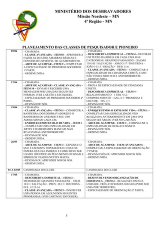 PLANEJAMENTO DAS CLASSES DE PESQUISADOR E PIONEIRO
05/04 - CHAMADA.
- CLASSE AVANÇADA – ITEM 8 – APRENDER A
FAZER AS QUATRO AMARRAS BÁSICAS E
CONSTRUIR UM MÓVEL DE ACAMPAMENTO.
- ARTE DE ACAMPAR – ITEM 2 - COMPLETAR
A ESPECIALIDADE DE PRIMEIROS SOCORROS
1ª PARTE.
- ORDEM UNIDA.
- CHAMADA.
- DESCOBERTA ESPIRITUAL – ITEM 4 – DECORAR
UM TEXTO DA BÍBLIA EM CADA UMA DAS
CATEGORIAS: GRANDES PASSAGENS – SALMO
119:105 / SALVAÇÃO – JOÃO 3:17 / DOUTRINA –
JOÃO 14:1-3 / ORAÇÃO – HEB. 11:6.
- CLASSE AVANÇADA – ITEM 1 – COMPLETAR A
ESPECIALIDADE DE CIDADANIA CRISTÃ, CASO
NÃO TENHA SIDO FEITA ANTERIORMENTE.
- ORDEM UNIDA.
12/04 - CHAMADA.
- ARTE DE ACAMPAR – CLASSE AVANÇADA –
ITEM 10 – ENVIAR E RECEBER UMA
MENSAGEM POR UMA DAS SEGUINTES
FORMAS: (VER CARTÃO E ESCOLHER).
- ESPECIALIDADE DE PRIMEIROS SOCORROS 2ª
PARTE.
- REVISÃO DE NÓS.
- CHAMADA.
- PROVA DE ESPECIALIDADE DE CIDADANIA
CRISTÃ.
- DESCOBERTA ESPIRITUAL – ITEM 4 –
RELACIONAMENTO – I TIM. 4:12 /
COMPORTAMENTO – GAL. 6:7 / PROMESSA E
LOUVOR – TIA. 1:7.
- REVISÃO DE NÓS.
19/04 - CHAMADA.
- CLASSE AVANÇADA – ITEM 1 – CONHECER A
BANDE3IRA DOS DESBRAVADORES E O
BANDEIRIM DE UNIDADE E SEU USO
ADEQUADO DE CADA UM.
- ENRIQUECENDO ESTILO DE VIDA – ITEM 1
– COMPLETAR UMA ESPECIALIDADE EM
ARTES E HABILIDADES MANUAIS NÃO
REALIZADAS ANTERIORMENTE.
- REVISÃO DE NÓS.
- ORDEM UNIDA.
- CHAMADA.
- ENRIQUECENDO O ESTILO DE VIDA – ITEM 1 –
COMPLETAR UMA ESPECIALIDADE NÃO
REALIZADA ANTERIORMENTE EM UMA DAS
SEGUINTES ÁREAS: (VER NO CARTÃO).
- ARTE DE ACAMPAR – ITEM 3 – COMPLETAR A
ESPECIALIDADE DE RESGATE BÁSICO.
- REVISÃO DE NÓS.
- ORDEM UNIDA.
26/04 - CHAMADA.
- ARTE DE ACAMPAR – ITEM 3 - EXPLIQUE O
QUE É UM MAPA TOPOGRÁFICO, O QUE SE
ESPERA QUE ELE INDIQUE E COMO DEVE SER
USADO. IDENTIFICAR PELO MENOS 20 SINAIS E
SÍMBOLOS USADOS NESTES MAPAS.
- REVISÃO OU APRENDER NOVOS NÓS.
- ORDEM UNIDA.
- CHAMADA.
- ARTE DE ACAMPAR – ITEM AVANÇADO 6 –
COMPLETAR A ESPECIALIDADE DE ORIENTAÇÃO
1ª PARTE.
- REVISÃO NÓS OU APRENDER NOVOS NÓS.
- ORDEM UNIDA.
01 A 03/05 CAMINHADA DO CLUBE CAMINHADA DO CLUBE
17/05 - CHAMADA.
- DESCOBERTA ESPIRITUAL – ITEM 2 –
MEMORIZAR: GRANDES PASSAGENS – I REIS
18:21 / SALVAÇÃO – PROV. 28:13 / DOUTRINA –
ECL. 12:13-14.
- CLASSE AVANÇADA – ITEM 3 – INSCREVER
UMA PESSOA EM ALGUM DOS SEGUINTES
PROGRAMAS: (VER CARTÃO E ESCOLHER).
- CHAMADA.
- DESENVOLVENDO ORGANIZAÇÃO DE
LIDERANÇA – ITEM 2 – REALIZAR COM SUA
UNIDADE, TRÊS ATIVIDADES SOCIAIS (PODE SER
UMA POR TRIMESTRE).
- ESPECIALIDADE DE ORIENTAÇÃO 2ª PARTE.
5
MINISTÉRIO DOS DESBRAVADORES
Missão Nordeste – MN
4ª Região - MN
 