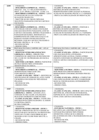 24/05 - CHAMADA.
- DESCOBERTA ESPIRITUAL – ITEM 2 –
ORAÇÃO – SAL. 5:3 / RELACIONAMENTO –
PROV. 22:29 / PROM. E LOUVOR – I COR. 2:14.
- DESCOBERTA ESPIRITUAL – ITEM 2 – LER O
EVANGELHO DE LUCAS E JOÃO EM
QUALQUER TRADUÇÃO.
- DISCUTIR NO SEU GRUPO TRÊS DAS
SEGUINTES PASSAGENS (VER NO CARTÃO E
ESCOLHER).
- CHAMADA.
- CLASSE AVANÇADA – ITEM 3 – ENCENAR A
HISTÓRIA DO BOM SAMARITANO,
DEMONSTRANDO COMO AJUDAR AS PESSOAS.
AUXILIAR DE MANEIRA PRÁTICA A 3 VISINHOS.
- PROVA DA ESPECIALIDADE DE ORIENTAÇÃO.
31/05 - CHAMADA.
- DESCOBERTA ESPIRITUAL – ITEM 4 –
CONVERSAR COM SEU LÍDER E ESCOLHER
UMA DAS SEGUINTES PASSAGENS: (VER NO
CARTÃO E ESCOLHER). DEPOIS UTILIZANDO A
PASSAGEM ESCOLHIDA, MOSTRAR SUA
COMPREENSÃO DE COMO JESUS SALVA AS
PESSOAS USANDO UM DOS SEGUINTES
MÉTODOS: (VER NO CARTÃO E ESCOLHER O
MÉTODO. OPÇÕES A – B – C E D).
- REVISÃO DE NÓS.
- ORDEM UNIDA.
- CHAMADA.
- CLASSE AVANÇADA – ITEM 3 – ENSENAR A
HISTÓRIA DO BOM SAMARITANO,
DEMONSTRANDO COMO AJUDAR PESSOAS.
AUXILIAR DE MANEIRA PRATICA A 3 VIZINHOS.
- PROVA DA ESPECIALIDADE DE ORIENTAÇÃO.
07/06 PREPARAÇÃO PARA CAMPORI ABC / APLAC PREPARAÇÃO PARA CAMPORI ABC / APLAC
28/06 - CHAMADA.
- DESENVOLVENDO ORGANIZAÇÃO E
LIDERANÇA - ITEM 1 – DIRIGIR UMA
CERIMÔNIA DE ABERTURA DE REUNIÃO EM
SEU CLUBE OU UM PROGRAMA DE ESCOLA
SABATINA.
- SERVINDO A OUTROS – ITEM 2- PARTICIPAR
DE PELO MENOS TRÊS ATIVIDADES
MISSIONÁRIAS DA IGREJA.
- CHAMADA.
- CLASSE AVANÇADA – ITEM 4 – PARTICIPAR DE
UMA DAS SEGUINTES ATIVIDADES,
APRESENTANDO AO FINAL UM RELATÓRIO
ESCRITO CONTENDO NO MÍNIMO DUAS PÁGINAS
(VER O CARTÃO E ESCOLHER A ATIVIDADE A SER
FEITA).
05/07 - CHAMADA.
- DESCOBERTA ESPIRITUAL – ITEM 1-
DEMONSTRAR COMO USAR UMA
CONCORDÂNCIA BÍBLICA.
- CLASSE AVANÇADA – ITEM 7 – IDENTIFICAR
SEIS PEGADAS DE ANIMAIS OU AVES. FAZER
UM MODELO EM GESSO DE TRÊS DESSAS
PEGADAS.
- REVISÃO DE NÓS.
- ORDEM UNIDA.
- CHAMADA.
- SERVINDO A OUTROS – ITEM 1 – PARTICIPAR DE
DOIS PROJETOS COMUNITÁRIOS OU
MISSIONÁRIOS CONFORME DEFINIDO POR SEU
CLUBE.
- CLASSE AVANÇADA – ITEM 11 - COMPLETAR
UMA ESPECIALIDADE EM ARTE E HABILIDADE
MANUAL NÃO REALIZADA ANTERIORMENTE.
- REVISÃO NÓS.
- ORDEM UNIDA.
19/07 - CHAMADA.
- DESENVOLVENDO ORGANIZAÇÃO E
LIDERANÇA – ITEM 2 - AJUDAR A SUA
UNIDADE OU SEU CLUBE A PLANEJAR E
REALIZAR UM PROJETO COMUNITÁRIO.
- CLASSE AVANÇADA – ITEM 4 – FAZER UMA
DAS SEGUINTES ESPECIALIDADES: A) ASSEIO
E CORTESIA CRISTÃ.
B) VIDA FAMILIAR.
- CHAMADA.
- CLASSE AVANÇADA – ITEM 10 - SER CAPAZ DE
IDENTIFICAR, ATRAVÉS DE FOTOGRAFIAS,
EXPOSIÇÃO OU AO VIVO UM DOS SEGUINTES
ITENS: (VER CARTÃO E ESCOLHER).
26/07 - CHAMADA.
- DESENVOLVENDO AMIZADE – ITEM 2 –
VISITAR A PREFEITURA DE SUA CIDADE OU
SOLICITAR QUE UM OFICIAL DA PREFEITURA
VISITE SEU CLUBE E DESCOBRIR DE QUE
MANEIRA O SEU CLUBE PODE SER ÚTIL A
CIDADE.
- REVISÃO DE NÓS.
- ORDEM UNIDA.
- CHAMADA.
- ESTUDO DA NATUREZA – ITEM 1 –
RECAPITULAR A HISTÓRIA DO DILÚVIO E
ESTUDAR PELO MENOS TRÊS FÓSSEIS
DIFERENTES. EXPLICAR SUA ORIGEM
RELACIONDO-OS COM A TRANSGRESSÃO DA LEI
DE DEUS.
- REVISÃO DE NÓS.
- ORDEM UNIDA.
6
 