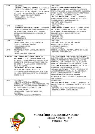 02/08 - CHAMADA.
- CLASSE AVANÇADA – ITEM 6 – PARTICIPAR
DE UM EVENTO ESPECIAL DO CLUBE, TAL
COMO: INVESTIDURA, DESBRAVADOR. FAZER
AO FINAL UMA AVALIAÇÃO JUNTAMENTE
COM A CLASSE DE COMPANHEIRO.
- REVISÃO NÓS / AMARRAS.
- ORDEM UNIDA.
- CHAMADA.
- DESENVOLVENDO ORGANIZAÇÃO E
LIDERANÇA – ITEM 1 – ASSISTIR PELO MENOS
UMA REUNIÃO DE ALGUMA COMISSÃO DA IGREJA
OU DO CLUBE. PREPARAR UM BREVE RELATÓRIO
PARA CONVERSAR COM SEU GRUPO;
- CLASSE AVANÇADA – ITEM 9 – COMPLETAR
UMA ESPECIALIDADE ATIVIDADE RECREATIVA,
NÃO REALIZADA ANTERIORMENTE.
- REVISÃO NÓS / AMARRAS.
- ORDEM UNIDA.
16/08 - CHAMADA.
- SERVINDO A OUTROS – ITEM 1 – CONHECER
UM PROJETO COMUNITÁRIO DESENVOLVIDO
EM SUA CIDADE E PARTICIPAR DE PELO
MENOS UM DELES COM SUA UNIDADE OU
CLUBE.
- REVISÃO NÓS.
- ORDEM UNIDA.
- CHAMADA.
- SERVINDO A OUTROS – ITEM 2 – COM A AJUDA
DE UM AMIGO; DEDICAR UM DIA INTEIRO (PELO
MENOS OITO HORAS) TRABALHANDO EM UM
PROJETO DE SUA IGREJA, ESCOLA OU
COMUNIDADE.
- REVISÃO NÓS.
- ORDEM UNIDA.
23/08 - CHAMADA.
- REVISÃO DE ITENS QUE NÃO FORAM
COMPLETADOS NO CARTÃO.
- AMARRAS BÁSICAS.
- ORDEM UNIDA.
- CHAMADA.
- REVISÃO DE ITENS QUE NÃO FORAM
COMPLETADOS NO CARTÃO.
- AMARRAS BÁSICAS.
- ORDEM UNIDA.
30/08 PREPARAÇÃO PARA ACAMPAMENTO DO
CLUBE
- REVISÃO SOBRE MOCHILA
PREPARAÇÃO PARA ACAMPAMENTO DO CLUBE
- REVISÃO SOBRE MOCHILA
04 A 07/09 - ACAMPAMENTO GERAL – ARTE DE
ACAMPAR – ITEM 1 – APRESENTAR SEIS
SEGREDOS PARA UM BOM ACAMPAMENTO E
PARTICIPAR DE UM ACAMPAMENTO DE FIM
DE SEMANA PLANEJANDO E COZINHANDO
DUAS REFEIÇÕES.
- ESTUDO DA NATUREZA – ITEM 1 –
IDENTIFICAR A ESTRELA ALFA DA
CONSTELAÇÃO DE ORION, COMO DESCRITO
NO LIVRO PRIMEIROS ESCRITOS DE HELLEN
WHITE PG. 41.
- ARTE ACAMPAR – ACAMPAMENTO GERAL –
PARTICIPAR DE UM ACAMPAMENTO DE FINAL DE
SEMANA, ARRUMANDO APROXIMADAMENTE
UMA BOLSA OU MOCHILA COM EQUIPAMENTO
PESSOAL E ALIMENTO SUFICIENTE PARA VOCÊ.
- ARTE DE ACAMPAR – ITEM 1 - FAZER UM FOGO
REFLETOR E DEMONSTRAR SEU USO.
- CLASSE AVANÇADA – ITEM 7 – SER CAPAZ DE
ACENDER UMA FOGUEIRA EM DIA DE CHUVA.
SABER COMO CONSEGUIR LENHA SECA E
MANTER FOGO ACESO. DEMONSTRAR
HABILIDADE EM USAR CORRETAMENTE UMA
MACHADINHA.
20/09 - CHAMADA.
- CLASSE AVANÇADA – ITEM 11 –
COMPLETAR UMA DAS ESPECIALIDADES, NÃO
REALIZADA ANTERIORMENTE EM UMA DAS
SEGUINTES ÁREAS: (VER CARTÃO E
ESCOLHER ÁREA).
- REVISÃO DE COMO PREPARAR UMA
MOCHILA.
- PREPARAR PARA ACAMPAMENTO.
- CHAMADA.
- CLASSE AVANÇADA – ITEM 8 – COMPLETAR UM
DOS SEGUINTES ITENS: (VER CARTÃO E ESCOLHES
O ITEM).
- REVISÃO COMO PREPARAR UMA MOCHILA.
- PREPARAR PARA ACAMPAMENTO.
7
MINISTÉRIO DOS DESBRAVADORES
Missão Nordeste – MN
4ª Região - MN
 
