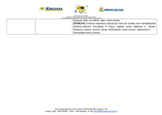 Rua Cecilia Meireles nº 540, Centro CEP 68.555-093, Xinguara - PA
Contato: 3426 – 2943 SEMEC - 3426 – 1029 Gabinete - E-mail: semec@xinguara.pa.gov.br
because, then, so, before, after, entre outros).
(EF08LI18) Construir repertório cultural por meio do contato com manifestações
artística-culturais vinculadas à língua inglesa (artes plásticas e visuais,
literatura, música, cinema, dança, festividades, entre outros), valorizando a
diversidade entre culturas.
 