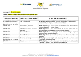 Rua Cecilia Meireles nº 540, Centro CEP 68.555-093, Xinguara - PA
Contato: 3426 – 2943 SEMEC - 3426 – 1029 Gabinete - E-mail: semec@xinguara.pa.gov.br
DISCIPLINA: LÍNGUA INGLESA
SÉRIE: 6º ANO / 4º BIMESTRE (09/10 a 14/12 de 2023) 48 DIAS
UNIDADES TEMÁTICAS OBJETOS DE CONHECIMENTO COMPETÊNCIAS / HABILIDADES
INTERAÇÃO DISCURSIVA.
ESTRATÉGIA DE LEITURA.
Text: Thinking Food. (EF06LI02) Coletar informações do grupo, perguntando e respondendo
sobre a família, os amigos, a escola e a comunidade.
GRAMÁTICA. Demonstrative pronomes. (EF06LI01) Interagir em situações de intercâmbio oral, demonstrando
iniciativa para utilizar a Língua Inglesa.
GRAMÁTICA. Subject pronouns and possessive
adjectives.
(EF06LI19) Utilizar o seu conhecimento de mundo como uma das
ferramentas principais para leitura e interpretação de textos.
GRAMÁTICA. Possessive Pronous. (EF06LI10) Conhecer a organização de um dicionário bilingue (impresso
e/ou online) para construir repertório.
GRAMÁTICA. Present Continuous. (EF06LI20) Utilizar o presente contínuo para descrever ações em
progresso.
GRAMÁTICA.
ESTRATÉGIA DE ESCRITA.
Cartoon or comic strip. (EF06LI12) Interessar-se pelo texto lido, compartilhando suas ideias sobre
o que o texto informa/comunicar.
GRAMÁTICA. There is, there are. (EF07LI20) Ajudar os estudantes a usar o sentido da expressão there to be
e perceber a diferença entre as formas singular e plural.
 