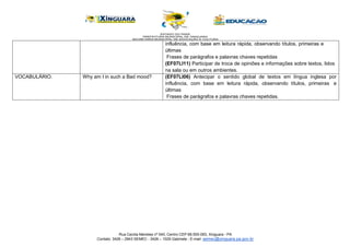 Rua Cecilia Meireles nº 540, Centro CEP 68.555-093, Xinguara - PA
Contato: 3426 – 2943 SEMEC - 3426 – 1029 Gabinete - E-mail: semec@xinguara.pa.gov.br
influência, com base em leitura rápida, observando títulos, primeiras e
últimas
Frases de parágrafos e palavras chaves repetidas
(EF07LI11) Participar de troca de opiniões e informações sobre textos, lidos
na sala ou em outros ambientes.
VOCABULÁRIO. Why am I in such a Bad mood? (EF07LI06) Antecipar o sentido global de textos em língua inglesa por
influência, com base em leitura rápida, observando títulos, primeiras e
últimas
Frases de parágrafos e palavras chaves repetidas.
 